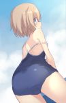  ass blanc blancpig_yryr blue_eyes brown_hair eyebrows_visible_through_hair from_behind highres looking_back neptune_(series) one-piece_swimsuit school_swimsuit short_hair solo swimsuit 