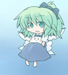  216 :&gt; :d barefoot blue_background blush bow chibi daiyousei eyebrows_visible_through_hair fairy_wings full_body gradient gradient_background green_eyes green_hair hair_bow kedama large_bow looking_at_viewer open_mouth shirt short_hair side_ponytail sitting sitting_on_lap sitting_on_person skirt skirt_set smile touhou vest white_shirt wings |_| 