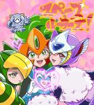  3girls animal_ears animal_ears_helmet brown_eyes capcom cat_ears commentary_request genderswap genderswap_(mtf) green_eyes green_hair hakushin hand_gesture headgear heart heart_hands helmet jupiter_(rockman) multiple_girls open_mouth pluto_(rockman) purple_eyes rockman rockman_(classic) rockman_world_5 smile terra_(rockman) text_focus 