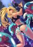  1girl alien ass ass_biting biting blonde_hair blue_eyes blush breasts commentary eyelashes eyeshadow from_behind helixel high_ponytail highres lips long_hair looking_back makeup medium_breasts metroid metroid_(creature) open_mouth patreon_username samus_aran solo_focus suggestive_fluid wristband 
