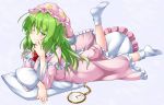  aka_tawashi blue_background blush bow bowtie commentary_request crescent_print dress eyebrows_visible_through_hair frills green_eyes green_hair hat kazami_yuuka kazami_yuuka_(pc-98) leg_up long_hair long_sleeves looking_at_viewer lying nightcap nightgown no_shoes on_stomach one_eye_closed pillow pink_dress pocket_watch red_bow red_neckwear simple_background smile socks solo star star_print touhou touhou_(pc-98) watch white_legwear 
