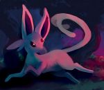  brown_eyes closed_mouth commentary commission creature dark deviantart_sample espeon forest full_body gem gen_2_pokemon glitchedpuppet grass image_sample looking_back nature no_humans outdoors pokemon pokemon_(creature) running signature solo tree 