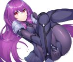  blush bodysuit breasts commentary_request covered_navel dabuki fate/grand_order fate_(series) gae_bolg highres large_breasts long_hair looking_at_viewer pauldrons purple_hair red_eyes scathach_(fate)_(all) scathach_(fate/grand_order) shoulder_armor solo very_long_hair 