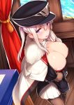  azur_lane bangs black_gloves black_legwear blonde_hair blue_eyes blush bra breasts capelet cleavage commentary cosplay curtains desk dock embarrassed eyebrows_visible_through_hair from_above fur_trim gloves graf_zeppelin_(azur_lane) graf_zeppelin_(azur_lane)_(cosplay) graf_zeppelin_(kantai_collection) hair_between_eyes hand_on_own_arm hat highres indoors iron_cross kantai_collection lace lace-trimmed_bra large_breasts lingerie long_hair looking_at_viewer military military_uniform naval_uniform open_mouth pantyhose peaked_cap pleated_skirt sidelocks silver_hair skirt smile solo sweatdrop tobimura tsurime twintails underwear uniform white_bra white_skirt window 