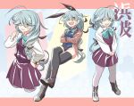  animal_ears black_legwear black_leotard black_ribbon blue_vest blush boots bow bowtie braid brown_eyes bunnysuit cross-laced_footwear detached_collar dress fake_animal_ears grey_hair grey_legwear hair_over_one_eye hair_ribbon hamanami_(kantai_collection) highres jacket kantai_collection leotard long_hair long_sleeves multiple_persona ndkazh open_mouth pantyhose ribbon school_uniform shirt showgirl single_braid sleeveless thighhighs vest white_shirt 