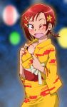  commentary_request graphite_(medium) hino_akane_(smile_precure!) japanese_clothes kimono medium_hair millipen_(medium) onnaski open_mouth ponytail precure red_hair shirt_pull shirt_tug smile smile_precure! solo traditional_media yukata 