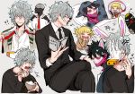  1girl 4boys bangs blonde_hair blunt_bangs boku_no_hero_academia bubaigawara_jin cardigan dabi_(boku_no_hero_academia) double_bun hair_bun kurogiri_(boku_no_hero_academia) messy_hair multiple_boys multiple_views serafuku shigaraki_tomura toga_himiko yellow_eyes 