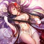 afloat azur_lane cherry_blossoms commentary_request dolce_(dolsuke) double-breasted dress flower gloves hair_flower hair_ornament hiei_(azur_lane) holding holding_sword holding_weapon horns jacket kanzashi long_hair looking_at_viewer parted_lips petals purple_hair smile solo sword tassel weapon wet white_gloves yellow_eyes 