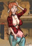  2017 animal_humanoid barn beingobscene big_breasts biting_lip bovine breasts brown_hair cattle clothing collar confusion cowbell female green_eyes hair hay horn humanoid mammal nipples pants photo_background shirt solo standing teats transformation udders 