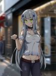  alternate_costume arm_at_side bangs belt black_choker blunt_bangs blush breasts buckle casual choker cityscape closed_mouth collarbone commentary denim eyebrows_visible_through_hair facepaint girls_frontline green_eyes groin hair_ornament hand_up highres hk416_(girls_frontline) iron_cross jeans jewelry kaiven long_hair looking_at_watch medium_breasts midriff pants pendant shirt short_sleeves shoulder_cutout sidelocks silver_hair solo strap teardrop very_long_hair watch white_shirt 