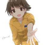  bangs blurry blurry_foreground brown_eyes brown_hair commentary depth_of_field eyebrows_visible_through_hair foreshortening girls_und_panzer jumpsuit long_sleeves looking_at_viewer mechanic nakajima_(girls_und_panzer) open_mouth orange_jumpsuit outstretched_hand reaching shirt short_hair simple_background sleeves_rolled_up smile solo standing tam_a_mat twitter_username upper_body white_background white_shirt 