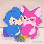  anthro blue_fur cocotama duo featureless_crotch fur half-closed_eyes himitsu_no_cocotama multicolored_fur nude open_mouth pink_eyes pink_fur purple_eyes sayunu signature tokumaru_(cocotama) two_tone_fur yurano_(cocotama) 