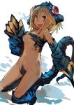  absurdres blonde_hair check_commentary claws commentary commentary_request crotch_plate glowing glowing_eyes highres kaamin_(mariarose753) lizard_girl lizard_tail monster_girl open_mouth original scales sharp_teeth short_hair solo tail tail_raised teeth 