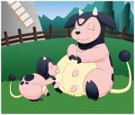  breastfeeding cub eyes_closed female fence feral feral_on_feral grass hooves miltank nintendo pok&eacute;mon pok&eacute;mon_(species) slightly_chubby teats tree udders video_games xniclord789x young 