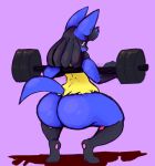  2018 anthro big_butt butt digital_media_(artwork) female looking_at_viewer looking_back lucario nintendo pok&eacute;mon pok&eacute;mon_(species) sirphilliam solo thick_thighs video_games weights 