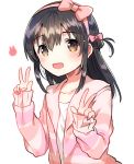  :d bangs black_hair blush bow brown_hair camisole collarbone commentary double_v eyebrows_visible_through_hair fingernails hair_between_eyes hair_bow hairband hibiki_ao hibiki_ao_(character) ichihaya long_hair long_sleeves one_side_up open_mouth pink_bow pink_hairband shirt simple_background sleeves_past_wrists smile solo striped striped_shirt upper_body v virtual_youtuber white_background white_camisole 