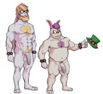  2018 3_toes abs anthro balls beard blonde_hair body_hair broodals chest_hair digital_media_(artwork) duo eyewear facial_hair flaccid fur glasses grey_fur hair happy_trail hat lagomorph male mammal mario_bros muscular muscular_male nintendo nipples nude penis purple_hair rabbit rango_(mario) simple_background smile spikes standing super_mario_odyssey toes topper video_games wkdart wristband 