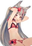  adjusting_hair animal_ear_fluff animal_ears azur_lane breasts commentary_request grey_hair hair_ornament hair_ribbon highres kamikaze_(azur_lane) long_hair looking_at_viewer navel ribbon shirako_sei small_breasts solo swimsuit tying_hair white_background yellow_eyes 