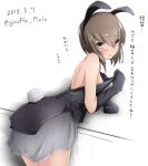  animal_ears black_gloves blush brown_eyes brown_hair bunny_ears bunny_girl bunny_tail bunnysuit commentary_request dated dress eyebrows_visible_through_hair giraffe_(ilconte) gloves hair_between_eyes highres kantai_collection looking_at_viewer medium_hair open_mouth oversized_breast_cup shorts simple_background solo taihou_(kantai_collection) tail tearing_up tears translated twitter_username white_background 