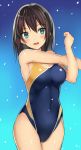  :d aqua_background armpits black_hair black_swimsuit blue_background blue_eyes breasts commentary competition_swimsuit covered_navel cowboy_shot gradient gradient_background kureha_(ironika) looking_at_viewer medium_breasts one-piece_swimsuit open_mouth original smile solo standing stretch swimsuit tsubasa_(kureha) 