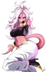  1girl android_21 breasts cleavage dragon_ball dragon_ball_fighterz hand_over_face harem_pants high_heel_boots majin_(race) majin_android_21 messy_hair nail_polish red_eyes solo tail white_hair 