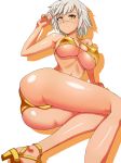  ass bad_anatomy bangs bikini blazblue blush breasts bullet_(blazblue) cleavage commentary_request covered_nipples dark_skin disconnected_mouth drop_shadow facial_scar grey_hair hand_up high_heels ito_(ioyay1372) large_breasts legs light_smile looking_at_viewer nose_scar scar shiny shiny_skin short_hair simple_background solo strappy_heels swimsuit twisted_torso very_short_hair white_background yellow_bikini yellow_eyes yellow_footwear 