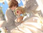  1girl blonde_hair blush bridal_veil bride closed_eyes commentary_request dress fate/extra fate_(series) gloves hino_hinako holding_hands husband_and_wife kishinami_hakuno_(male) nero_claudius_(fate) nero_claudius_(fate)_(all) tuxedo veil wedding wedding_dress white_dress white_gloves 
