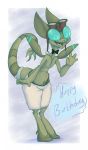  2017 4_fingers alternate_color anthro birthday border bow_tie clothed clothing digital_drawing_(artwork) digital_media_(artwork) english_text eyewear flygon freckles goggles goggles_on_head green_skin happy_birthday hi_res looking_at_viewer lurry nintendo open_mouth open_smile pok&eacute;mon pok&eacute;mon_(species) pok&eacute;morph scalie simple_background smile solo standing text textured_background topless video_games waving white_border 