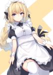  alternate_costume apron bangs black_neckwear black_ribbon blonde_hair bow bowtie braid breasts buttons commentary dress enmaided eyebrows_visible_through_hair fate/apocrypha fate/grand_order fate_(series) garter_straps gradient_hair hair_bow hair_ribbon highres jeanne_d'arc_(fate) jeanne_d'arc_(fate)_(all) long_braid long_hair looking_at_viewer maid maid_headdress medium_breasts multicolored_hair puffy_short_sleeves puffy_sleeves purple_eyes ribbon short_sleeves single_braid skirt_hold smile solo standing thighhighs tsunekichi two-tone_background very_long_hair white_apron white_legwear wing_collar wrist_cuffs 