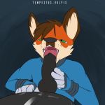  2017 5_fingers animal_genitalia animal_penis animated anthro black_nose black_penis blue_tongue bodysuit brown_hair canine clothing collar digital_media_(artwork) erection eyes_closed fellatio fox green_eyes hair liam_(tempestus_vulpis) male male/male mammal open_mouth oral penis rubber sex shiny simple_background skinsuit solo teeth tempestus_vulpis text tight_clothing tongue tongue_out wrist_cuff 