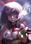  black_gloves blurry blurry_background breasts cigarette collared_shirt eto_(nistavilo2) girls_frontline glasses gloves headphones medium_breasts necktie red_eyes shirt short_hair silver_hair smoke smoking thompson_submachine_gun_(girls_frontline) 