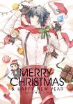  black_gloves black_hair blurry blush bow character_doll christmas christmas_lights christmas_ornaments depth_of_field final_fantasy final_fantasy_xv gift gladiolus_amicitia gloves hat hat_removed headwear_removed ignis_scientia looking_at_viewer lying male_focus mintgreen0913 noctis_lucis_caelum on_bed prompto_argentum santa_hat scarf solo suspenders 