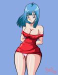  artist_name bare_legs bare_shoulders blue_hair breasts curvy dragon_ball dragonball_z dress female happy large_breasts long_hair looking_at_viewer maron_(dragon_ball) nipples panties pantyshot shiny shiny_skin simple_background smile solo thick_thighs thighs 