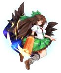  &gt;:/ arm_cannon bow brown_hair cape full_body hair_bow loafers long_hair looking_at_viewer looking_back maguro_(mawaru_sushi) red_eyes reiuji_utsuho shoes simple_background solo touhou very_long_hair weapon white_background wings 