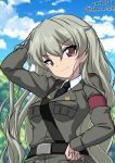  alternate_hairstyle anchovy anzio_military_uniform arm_behind_head bangs belt black_belt closed_mouth cloud cloudy_sky commentary_request day dress_shirt excel_(shena) girls_und_panzer green_hair grey_jacket hair_down hand_on_hip head_tilt highres jacket long_hair long_sleeves looking_at_viewer military military_uniform outdoors red_eyes sam_browne_belt shirt sketch sky smile solo standing tree uniform upper_body v-shaped_eyebrows white_shirt wing_collar 