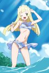  absurdres bikini blonde_hair cameltoe cloud covered_nipples day green_eyes highres lillie_(pokemon) long_hair navel one_eye_closed ontaros open_mouth pokemon pokemon_(anime) pokemon_sm_(anime) sarong sky solo standing swimsuit wading water 