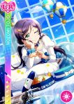  blush character_name cookies dress green_eyes long_hair love_live!_school_idol_festival love_live!_school_idol_project purple_hair smile toujou_nozomi toy_plane twintails wink 