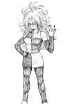  1girl android_21 breasts dragon_ball dragon_ball_fighterz dress female glasses long_hair looking_at_viewer monochrome simple_background smile standing young_jijii 