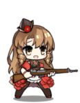  animated animated_gif brown_hair chibi fn-49 fn-49_(girls_frontline) girls_frontline gloves green_eyes gun hat long_hair lowres mod3_(girls_frontline) official_art pantyhose rifle saru simple_background smile waving weapon white_background 