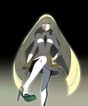  absurdres blonde_hair dress green_eyes hand_on_hip high_heels highres kuroi_paseri long_hair lusamine_(pokemon) pokemon pokemon_(game) pokemon_sm short_dress sleeveless sleeveless_dress solo very_long_hair white_dress 