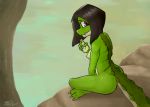  2017 alligator anthro breasts crocodilian female hair naturally_censored nipple_tuft nude pink_eyes rear_view reptile rock scalie solo soupbag timid tuft 