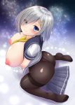  arms_under_breasts ass between_breasts black_legwear blue_eyes blush breast_hold breasts curvy eyebrows_visible_through_hair eyes_visible_through_hair gloves hair_ornament hair_over_one_eye hairclip hamakaze_(kantai_collection) highres huge_breasts huge_nipples kantai_collection looking_at_viewer looking_up neckerchief nipples okatora open_clothes open_shirt panties panties_under_pantyhose pantyhose pleated_skirt school_uniform serafuku shadow shiny shiny_hair shiny_skin short_hair silver_hair skirt skirt_removed smile solo thong underwear white_gloves yellow_neckwear 