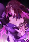  bangs bare_shoulders breasts cleavage closed_mouth commentary dress fate/grand_order fate_(series) half-closed_eyes hand_up headpiece large_breasts long_hair looking_at_viewer md5_mismatch purple_dress purple_hair red_eyes reroi scathach_(fate)_(all) scathach_skadi_(fate/grand_order) sidelocks smile solo 