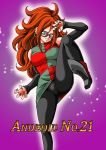  1girl android_21 breasts dragon_ball dragon_ball_fighterz dress female glasses large_breasts legs_up long_hair looking_at_viewer simple_background smile young_jijii 
