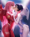  blue_hair bodysuit daria_leonova darling_in_the_franxx eye_contact highres horns ichigo_(darling_in_the_franxx) kiss long_hair looking_at_another multiple_girls pilot_suit pink_hair short_hair surprised very_long_hair wide-eyed yuri zero_two_(darling_in_the_franxx) 