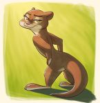  2018 :3 anthro bedroom_eyes border butt disney female fuel_(artist) green_background green_eyes half-closed_eyes hands_on_hips looking_at_viewer mammal mrs._otterton mustelid nude otter seductive side_view simple_background solo standing white_border zootopia 