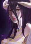  absurdres albedo aling black_hair breasts cleavage close-up commentary_request demon_girl demon_horns detached_collar dress eyeshadow face hair_between_eyes highres horns jewelry long_hair makeup medium_breasts necklace overlord_(maruyama) red_lips solo white_dress yellow_eyes 