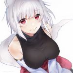  albino animal_ears bare_shoulders black_shirt blush breasts closed_mouth covered_nipples detached_sleeves eyebrows_visible_through_hair japanese_clothes konno_shimako large_breasts looking_at_viewer original red_eyes shirt short_hair simple_background sleeveless sleeveless_shirt solo tail white_background white_hair 
