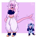  1boy 1girl android_21 baggy_pants breasts cell_jr cleavage dragon_ball dragon_ball_fighterz dragonball_z female high_heel_boots long_hair majin_(race) majin_android_21 pink_hair tail white_hair 