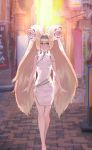  alternate_costume alternate_hairstyle armlet barefoot blazblue blonde_hair china_dress chinese_clothes dress green_eyes headband long_hair looking_at_viewer looking_to_the_side platinum_the_trinity quentin_lecuiller smile solo twintails very_long_hair 